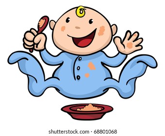 Clipart illustration of a happy cute baby weaning playing and eating his or her food