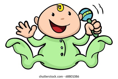 Clipart illustration of a happy cute baby playing with his or her rattle and waving