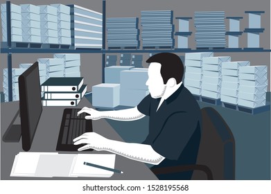 clipart illustration of a man in front of a computer inside a cellar