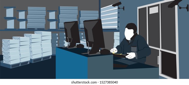 clipart illustration of a man working inside a warehouse