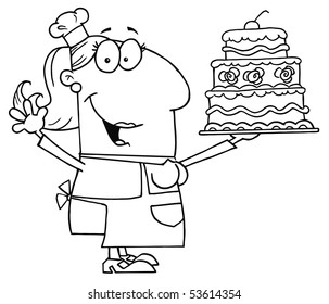 Clipart Illustration of an Outlined Cake Baker Woman