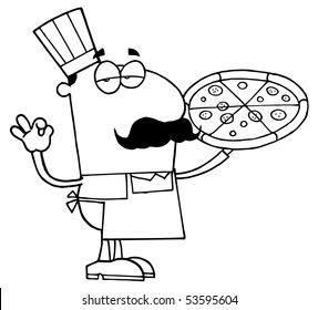 Clipart Illustration of an Outlined Pizza Cook