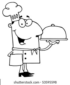 Clipart Illustration of an Outlined Serving Chef