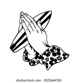 Clipart illustration praying for the waves. Hands of a praying person. He holds a surfboard in his hands. svg