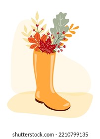 Clipart illustration of rain rubber boot with Autumn leaves and berries inside. Elements isolated on a white background. Design for Autumn, Harvest, Thanksgiving celebration, greeting card, scrapbook.