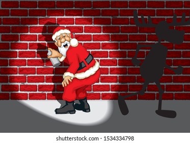 clipart illustration of a santa claus painting a graffiti in a wall