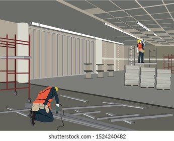 Clipart illustration of two construction workers in a site