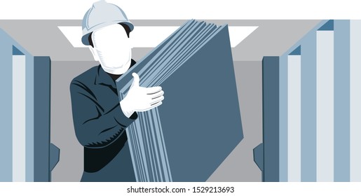 clipart illustration of a warehouse worker carrying some folded boxes
