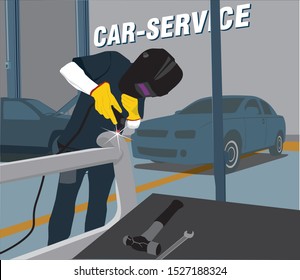 clipart illustration of a welder inside a car service station