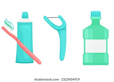 Clipart illustrations for dental care. Use of toothbrush, floss, and mouthwash. Illustrations for personal use, use in social media design or internet advertising 