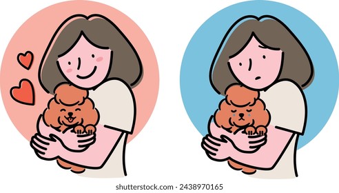 Clipart image of a happy laughing dog who is pleased with the image of a shelter dog and its owner holding a crying or sad dog_Toy poodle.	