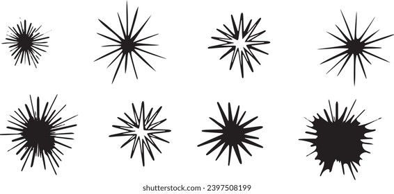 Clipart image in pop art style of blob, star, flash drawn by hand ink style minimalism. Set simple objects signs for design. Spiny sea urchin, cartoon explosion symbol. Abstract symbols for decoration