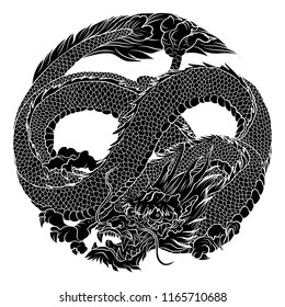 Clipart Infinity Dragon In Circle Isolate On White Background.Chinese Lucky Dragon Eight Shape In Circle.Silhouette Japanese Dragon. 