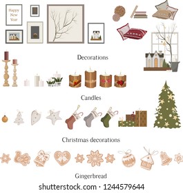 Clipart with interior decorations: art posters, pillows, books, woolen balls. Set of candles. Collection of christmas tree, socks, gifts and decorations. And set of gingerbread cookies.