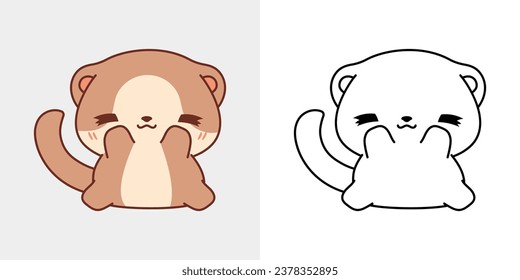 Clipart Isolated Ferret Multicolored and Black and White. Cute Cartoon Baby Animal. Cute Vector Illustration of a Kawaii Pet for Prints for Clothes, Stickers, Baby Shower. 