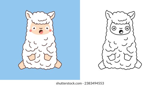 Clipart Isolated Lama Multicolored and Black and White. Cute Cartoon Baby Llama. Cute Vector Illustration of a Kawaii Animal for Prints for Clothes, Stickers, Baby Shower. 
