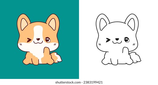 Clipart Isolated Welsh Corgi Dog Multicolored and Black and White. Cute Cartoon Puppy. Cute Vector Illustration of a Kawaii Baby Pet for Prints for Clothes, Stickers, Baby Shower. 