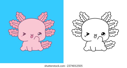 Clipart IsolatedAxolotl Multicolored y Black and White. Un animal de dibujos animados. Ilustración vectorial de un anfibio kawaii para pegatinas, ducha de bebé, páginas de coloreo, impresiones para ropa. 