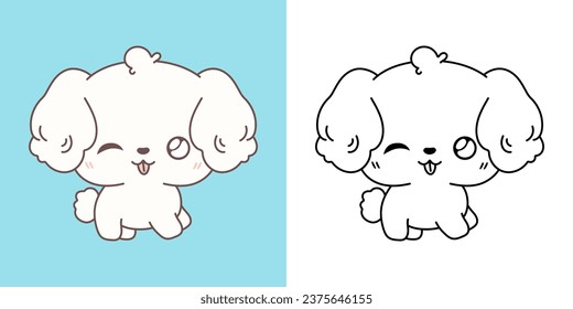 Clipart IsolatedBichon Frise Dog Multicolored and Black and White. Cute Cartoon Doggy. Cartoon Vector Illustration of Kawaii Animal for Stickers, Prints for Clothes, Baby Shower. 