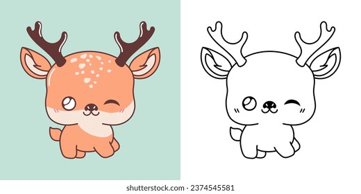 Clipart IsolatedDeer Multicolored and Black and White. Cute Cartoon Forest Animal. Cute Vector Illustration of a Kawaii Animal for Prints for Clothes, Stickers, Baby Shower. 
