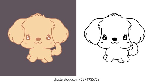Clipart IsolatedGolden Retriever Dog Multicolored and Black and White. Cute Cartoon Puppy. Cute Vector Illustration of a Kawaii Animal for Prints for Clothes, Stickers, Baby Shower. 