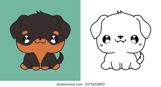 Clipart IsolatedRottweiler Dog Multicolored and Black and White. Cute Cartoon Dog. Cute Vector Illustration of a Kawaii Animal for Prints for Clothes, Stickers, Baby Shower. 