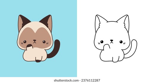 Clipart IsolatedSiamese Cat Multicolored and Black and White. Cute Cartoon Cat. Cute Vector Illustration of a Kawaii Animal for Prints for Clothes, Stickers, Baby Shower. 