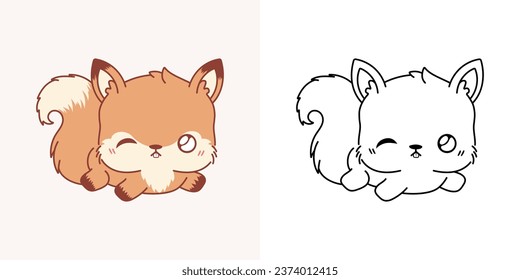 Clipart IsolatedSquirrel Multicolored and Black and White. Cute Cartoon Squirrel. Happy Vector Illustration of a Kawaii Forest Animal for Stickers, Baby Shower, Coloring Pages, Prints for Clothes. 