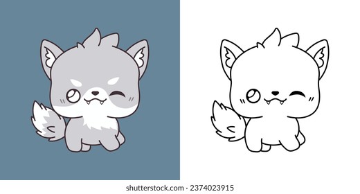Clipart IsolatedWolf Multicolored and Black and White. Cute Cartoon Animal. Cute Vector Illustration of a Kawaii Forest Animal for Prints for Clothes, Stickers, Baby Shower. 