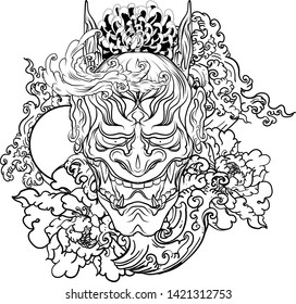 Clipart Japanese Demon's mask tattoo design full back body.The Oni mask with water splash and peony flower,cherry blossom and peach blossom on cloud background.