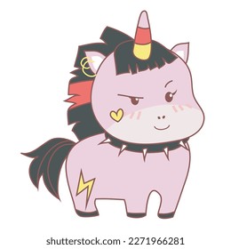 Clipart kawaii y el lindo bebé unicornio con estilo rock y roll usando collares en el fondo blanco para niños de artes de moda, libros infantiles, invitaciones de cumpleaños, tarjetas de felicitación, afiches. 