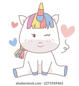 Clipart kawaii and cute baby unicorn sit and wink her eye on white background for kids fashion artworks, children books, birthday invitations, greeting cards, posters. Fantasy cartoon vector.