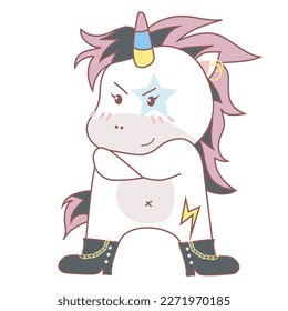 Clipart kawaii and cute baby unicorn with rock and roll style and piercing on ear on white background for kids fashion artworks, children books, birthday invitations, greeting cards, posters. 