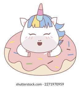 Clipart kawaii and cute baby unicorn playing with donut on white background for kids fashion artworks, children books, birthday invitations, greeting cards, posters. Fantasy cartoon vector.