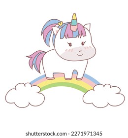 Clipart kawaii and cute baby unicorn standing on the rainbow on white background for kids fashion artworks, children books, birthday invitations, greeting cards, posters. Fantasy cartoon vector.