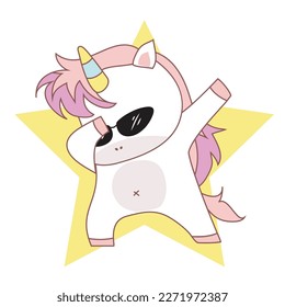 Clipart kawaii and cute baby unicorn doing a dab on white background for kids fashion artworks, children books, birthday invitations, greeting cards, posters. Fantasy cartoon vector illustration.