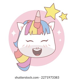 Clipart kawaii and cute baby unicorn adorable wide smile on white background for kids fashion artworks, children books, birthday invitations, greeting cards, posters. Fantasy cartoon vector.