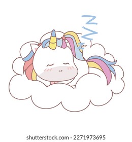 Clipart kawaii and cute baby unicorn sleeping on the cloud on white background for kids fashion artworks, children books, birthday invitations, greeting cards, posters. Fantasy cartoon vector.