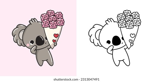 Clipart Koala and Black and White Illustration. Cute Clip Art Mammal. Vector Illustration of a Kawaii Animal for Stickers, Baby Shower, Coloring Pages, Prints for Clothes.
