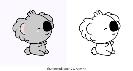 Clipart Koala Multicolored and Black and White. Cute Clip Art Koala. Vector Illustration of a Kawaii Animal for Stickers, Baby Shower, Coloring Pages, Prints for Clothes. 