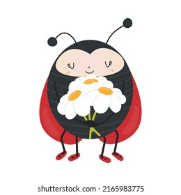 Clipart Ladybug en el estilo de dibujos animados. Bicho de labios con flores. Ilustración vectorial de un animal para pegatinas, Invitación a ducha para bebés, Impresiones para ropa, textiles. 