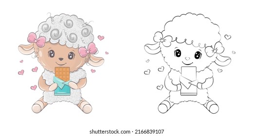 Clipart Lamb Multicolored and Black and White. Cute Clip Art Sheep Eats Chocolate. Vector Illustration of an Animal for Stickers, Baby Shower, Coloring Pages, Prints for Clothes. 