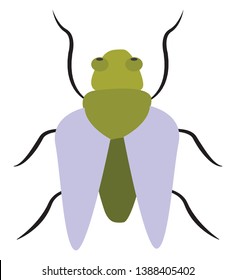 Clipart of a light green bug with blue wings  two antennae sticking out of the top of its head and four legs is crawling  vector  color drawing or illustration