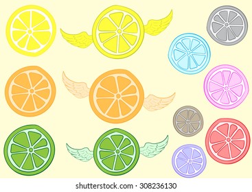 Clipart with a lime a lemon and orange with wings and without