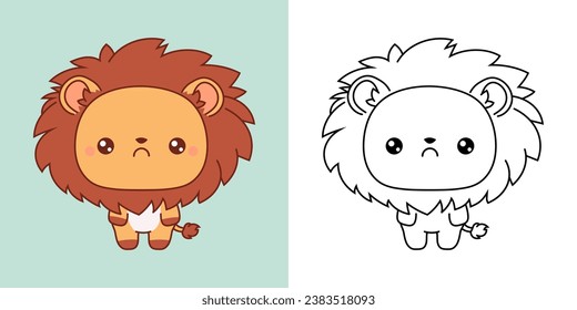 Clipart Lion Multicolored and Black and White. Cute Clip Art King Animal. Cute Vector Illustration of a Kawaii Animal for Stickers, Baby Shower, Coloring Pages. 