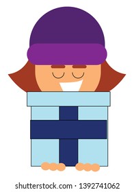 Clipart of a little girl holding a blue gift box tied with a blue ribbon in her hand as she bends forward with her eyes closed and laughing  vector  color drawing or illustration