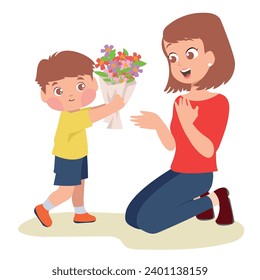 Clipart of a little son giving a bouquet of flower to mom isolated on white background for greeting card, sticker, printing textile, etc. Happy Mother’s Day. Vector file