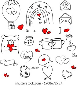 Clipart love doodles San Valentine's day. Hand drawn illustration. Graphic holiday letter object romance. Red hearts.