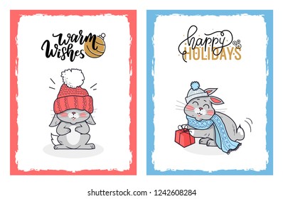Clipart of lovely rabbits on Christmas cards. Happy Holidays wishes to us smilling vector rabbit in the warm winter clothes with the huge red present.