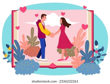 Clipart of a man and a woman holding hands on open book, vector illustration